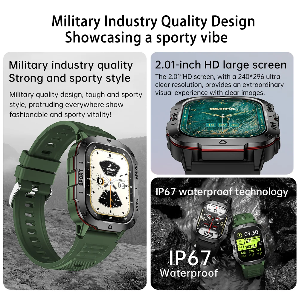 Reloj inteligente militar con GPS para hombre, pulsera con pantalla grande de 2,01 pulgadas, Monitor de frecuencia cardíaca, oxígeno en sangre, resistente al agua, Bluetooth, llamadas, nuevo