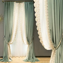 Luxury High-end Turquoise Velvet Embroidered Lace Romantic French Window Thickening Curtains for Living Dining Room Bedroom