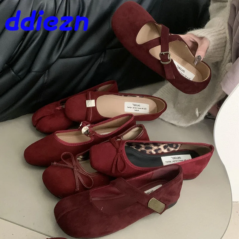 Red Footwear Flock Women Ballet Flats Dance Shoes Female Shallow Fashion Butterfly-Knot Ladies Flats Mary Janes Shoes