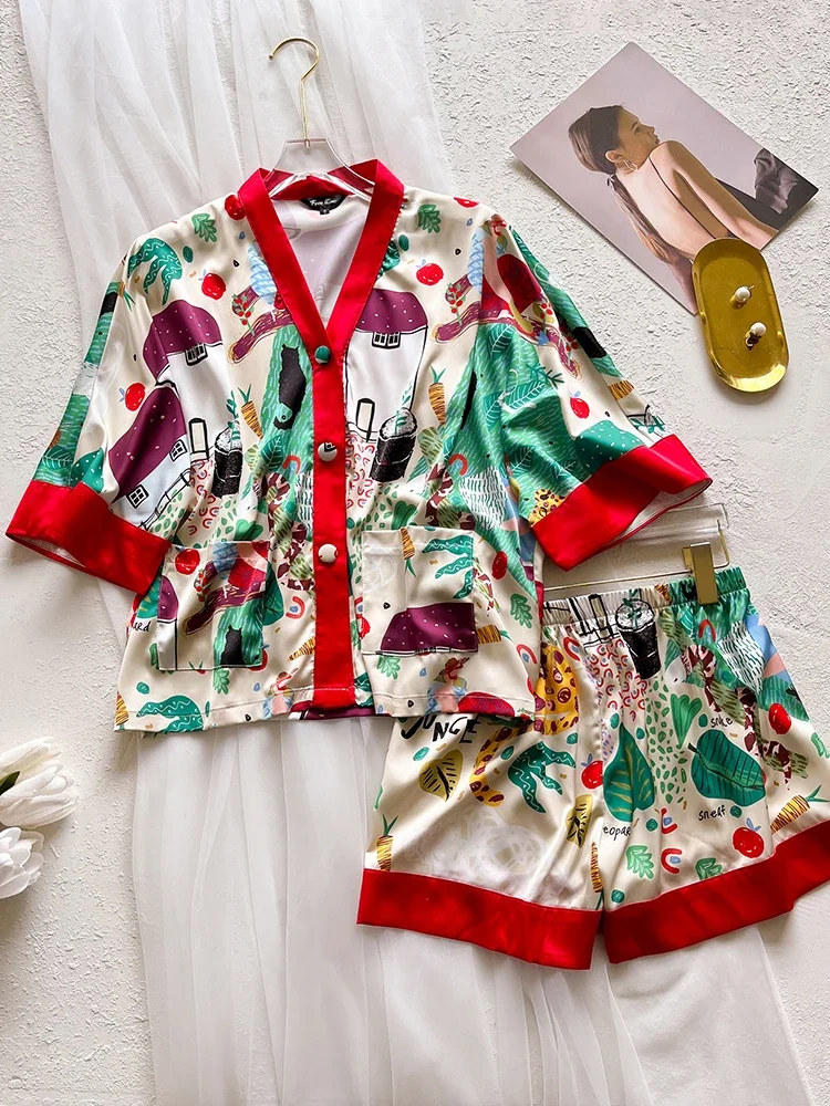 New Glossy High End Pajama Silk Short Sleeve Shorts Home Clothing Set