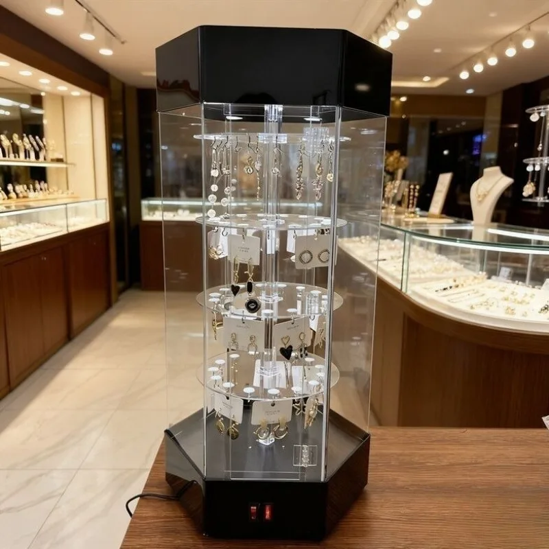 Transparent Jewelry Display Stand Rotating Earring Displays Rack Counter Jewelry Storage Box LED Light Earring Display Holder