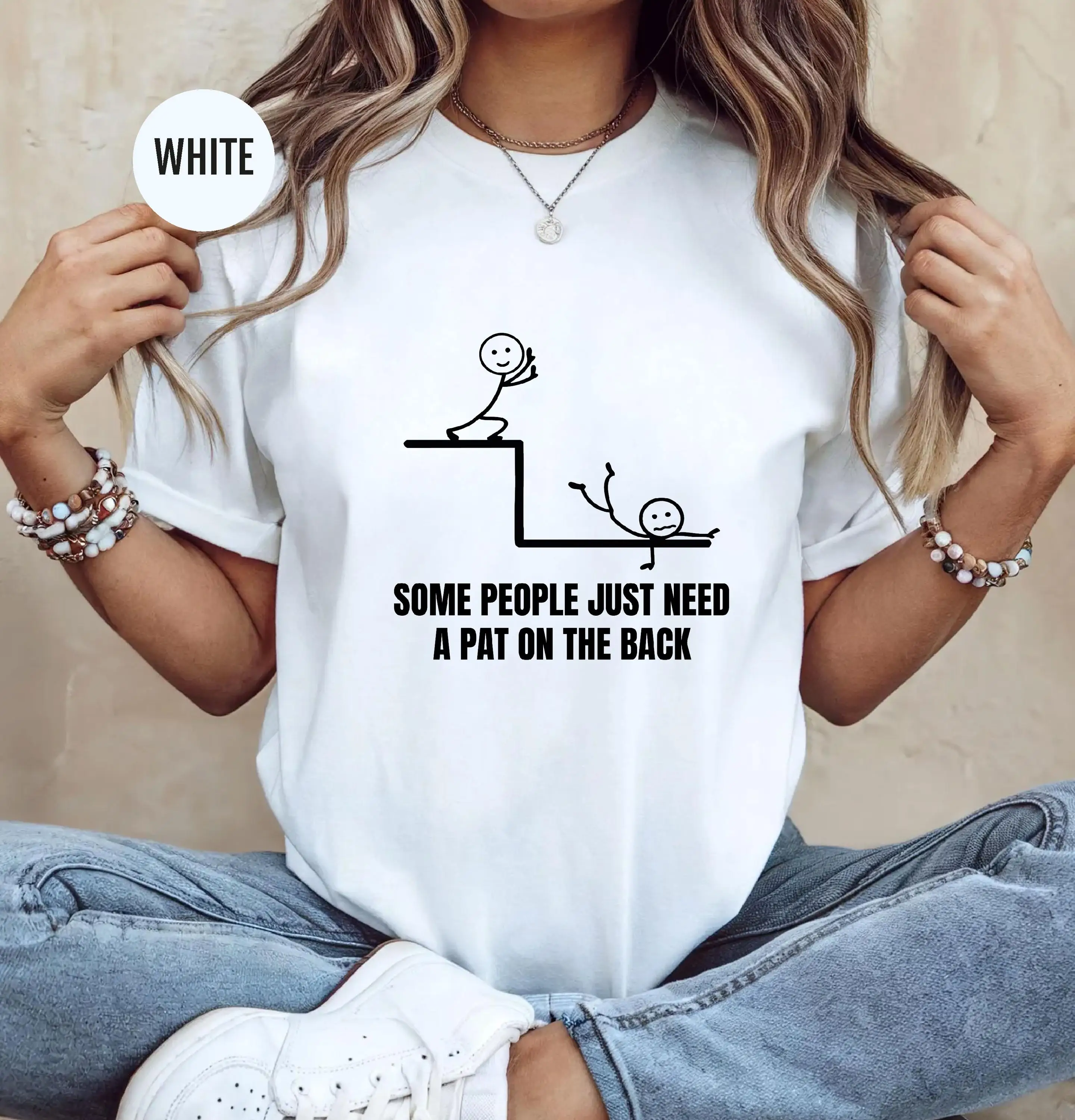 Funny Pat On The Back T - Shirt Women Men Cute Stick Figure Fall Gag Graphic Tee Black