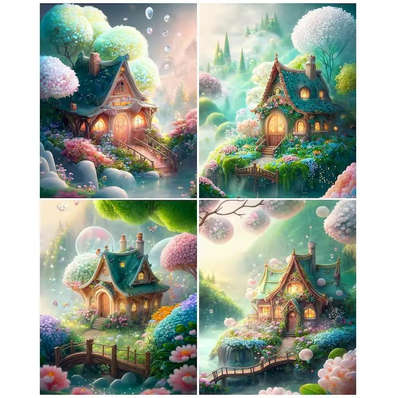 GATYZTORY Picture By Number Forest Fantastic House Scenery Painting By Numbers On Canvas For Adults Home Decoration Gift