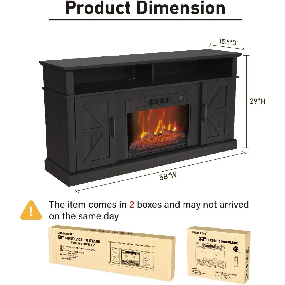 Fireplace TV Cabinet with 23 Inch Electric Fireplace, Storage Cabinet and Open Shelving, Media Console with Barn Door