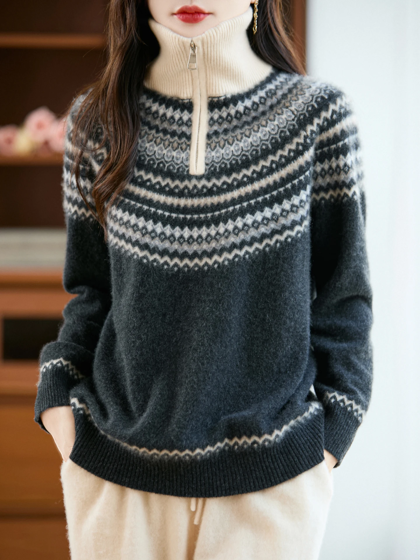 

Женский свитер из 100% чистой шерсти на осень-зиму, с молнией до середины, плотный, свободный, повседневный, с узором Fair Isle, с отложным воротником, кашемировый трикотаж, топы класса люкс