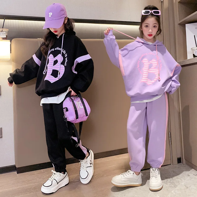 Girls Suit Long-sleeved Sweater with Hood + Trousers Two-piece Suit Fashionable Loose Harem Pants Suit Outer Wear Casual Simple