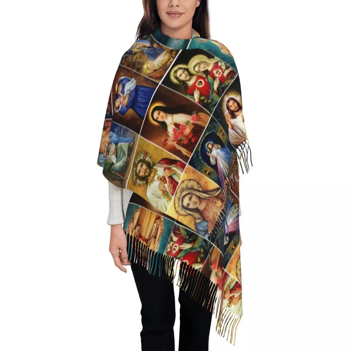 Womens Tassel Scarf Jesus Virgin Mary Christian Long Super Soft Shawl Wrap Catholic Plaid Gifts Pashmina Scarves