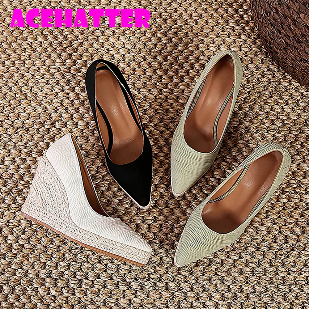 Autumn New Pointed Toe Wedge Fisherman Jute Sole Shoes Satin Low Cut High Heel Pumps Women Platform Straw Women's Espadrilles