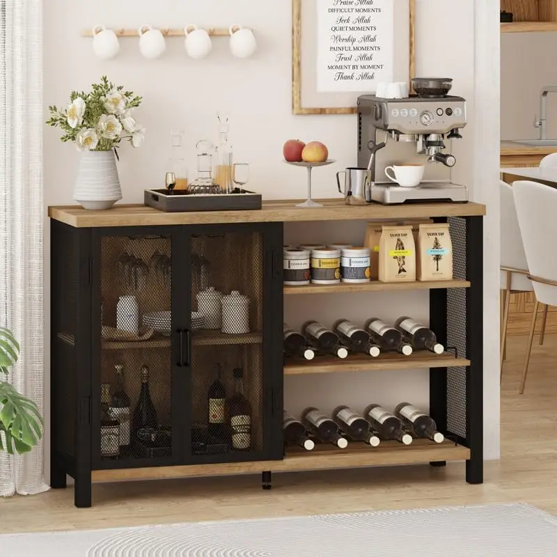 Bar Cabinet with Storage, Industrial Liquor Cabinet for Home, Buffet Sideboard with Wine Rack and Glass