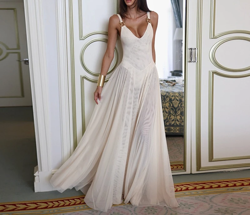 

2025 Summer New Sexy Long Dress Elegant Vacation Slim Mesh A Line Dress