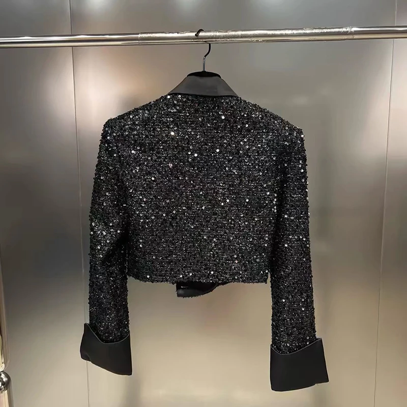 2024 Fashion Sequined Cropped Blazer Women Vintage Korean Long Sleeve Blazers Outerwear Chic Jacket Coat Blazer Femme