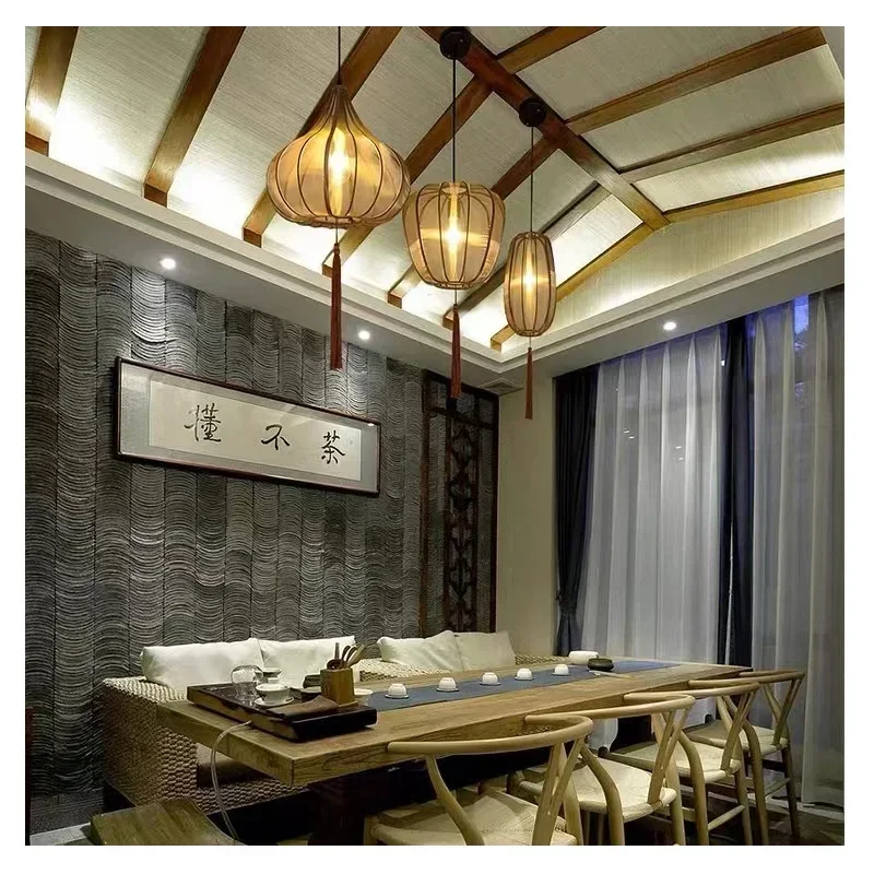 LED Chandelier Zen E27 Weaving NChinese Tea House Light Hotel Living Room  Lantern Home Decor Suspension Iron and Lint
