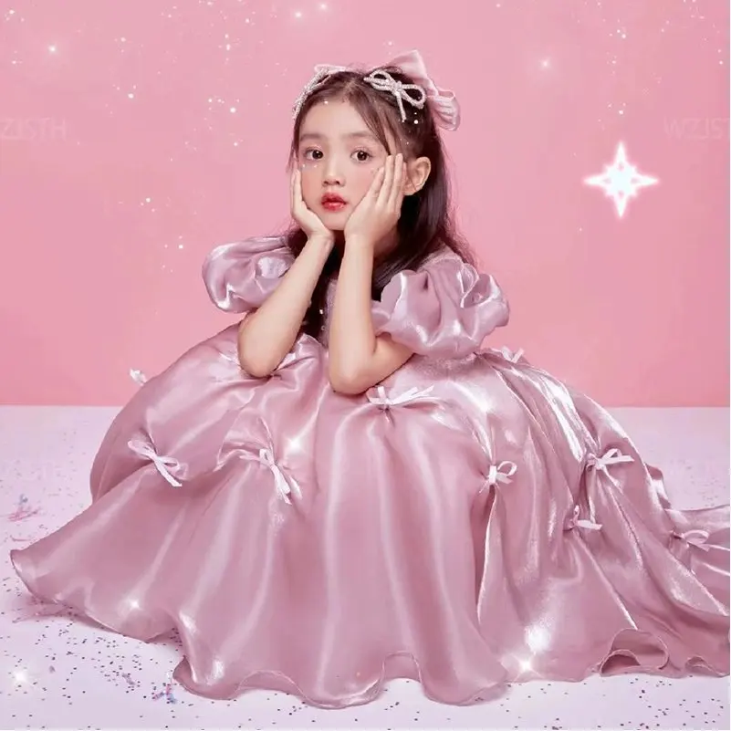 

2024 New Pink Children Dress Elegant and Cute Bubble Sleeves Fluffy Skirt Host Stage Walk Princess Dress Girls Performance Dress