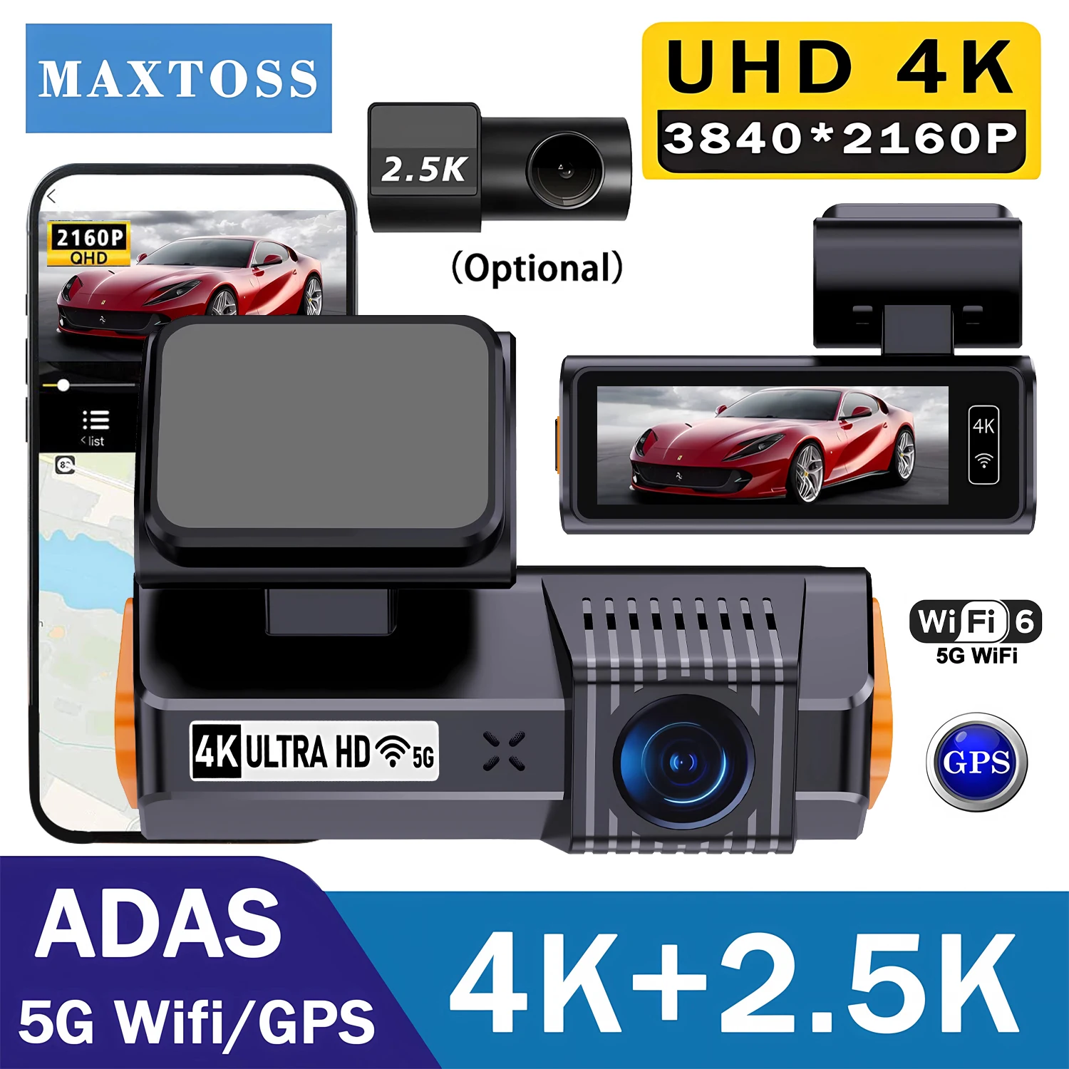 ADAS 4K 3840*2160P Dash Cam 5G WiFi GPS Front 4K Rear 2.5K DVR Video Recorder 24H Night Vision Dash Cam Car Camera Black Box