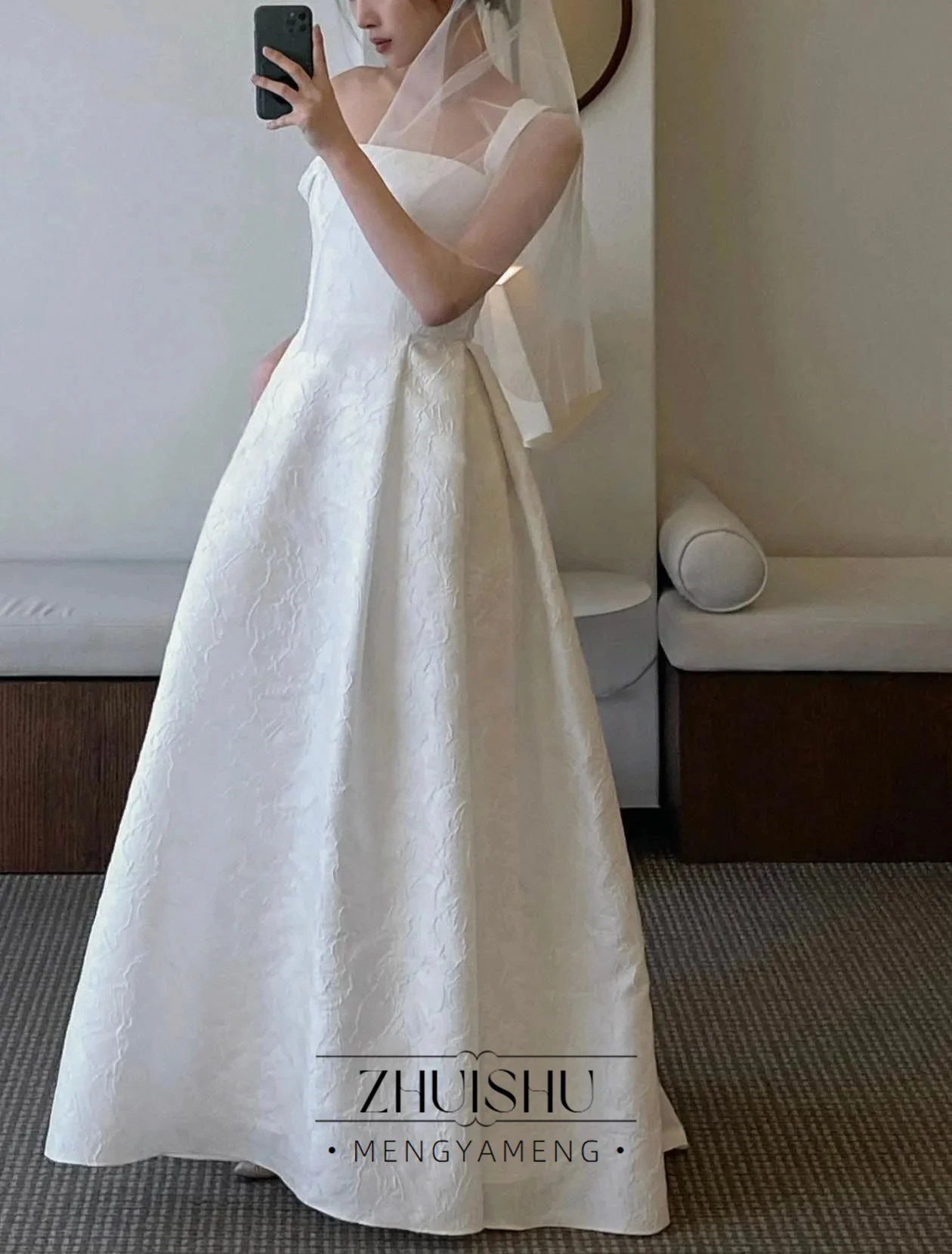 Classic Jacquard Satin Wedding Party Dress Square Collar Ivory A-Line Korea Photo Shoot Bridal Reception Gown Customized