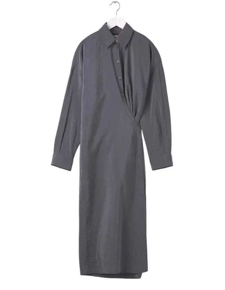 버드트리 여성용 74.9% 리얼 드라이 실크 드레스, 턴다운 칼라 폴드, 우아한 패션 원피스, 2024 용수철 루즈 D41581QM, 17.9mm