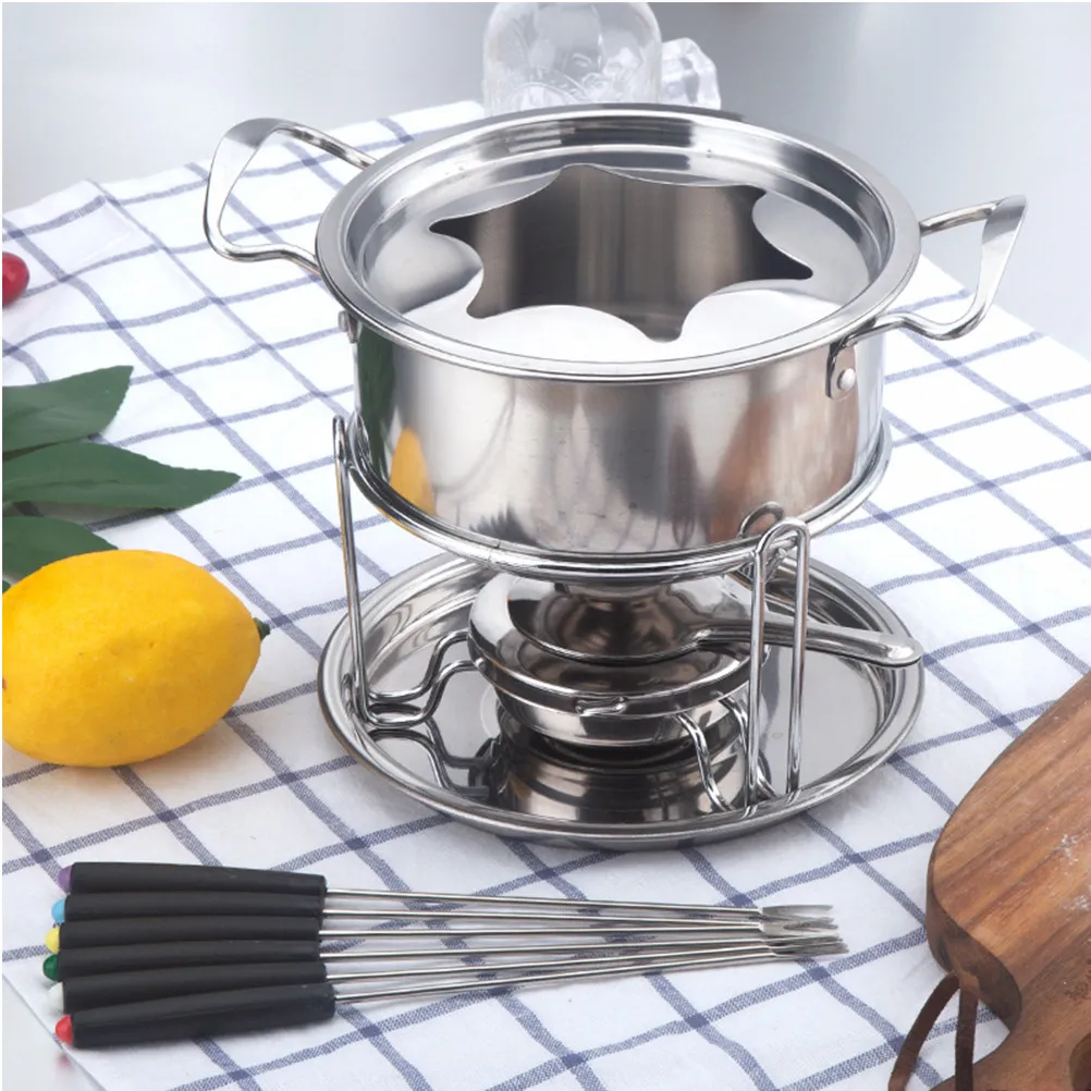 

10-Piece Cheese Chocolate Fondue Set Stainless Steel Melting Pot with Splatter Guard Fork Holders for Dinner Party Serving