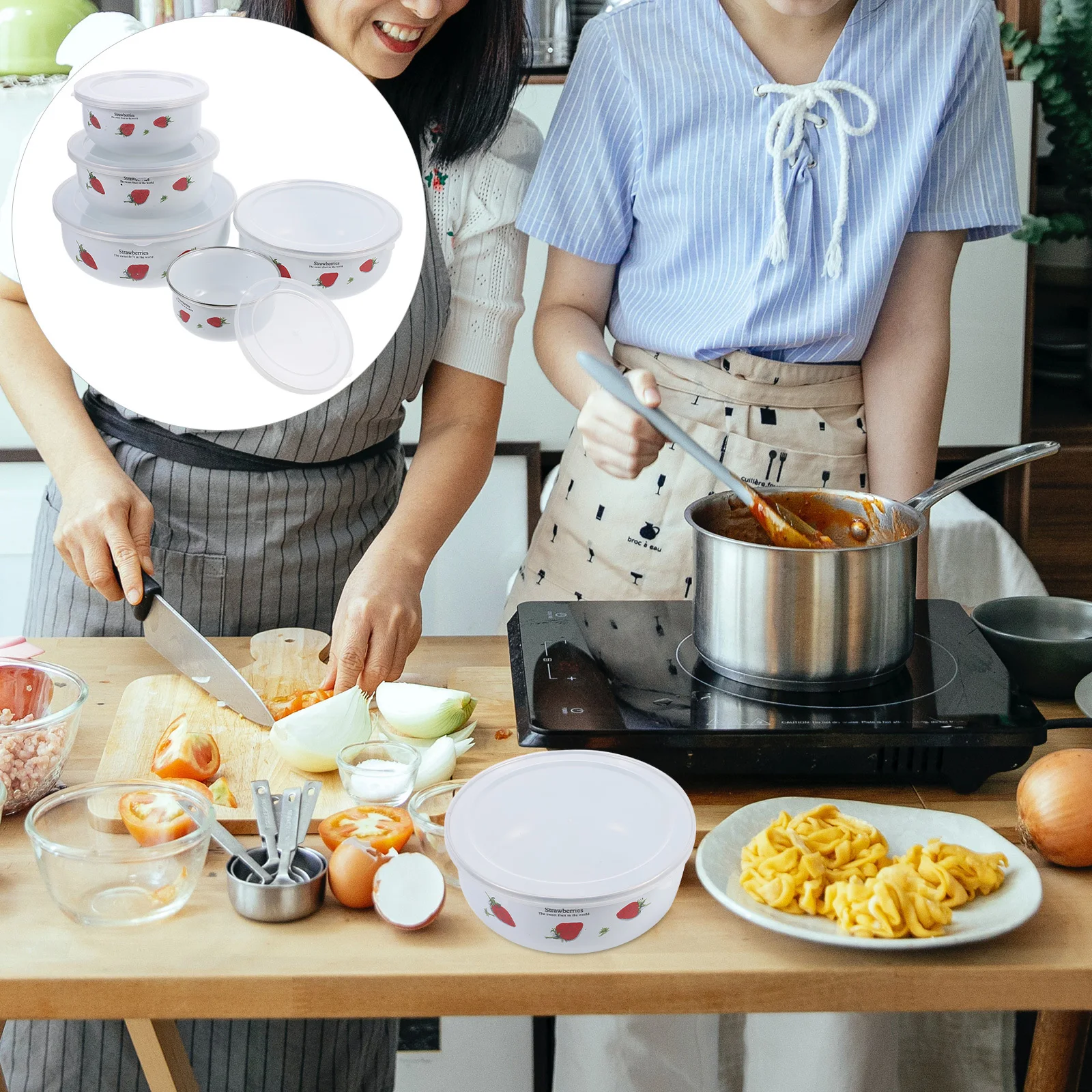 

5Pcs Fresh Keeping Bowls Enamel Food Storage Containers Stackable Instant Noodle Soup Salad Mixing Bowls Transparent Lid