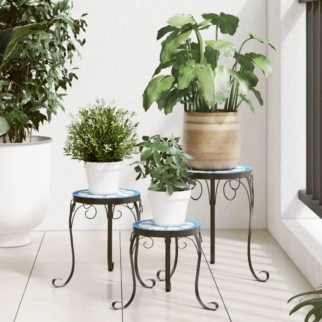 

Set of 3 Blue & White Ceramic Plant Stands - Decorative Flower Pot Holders