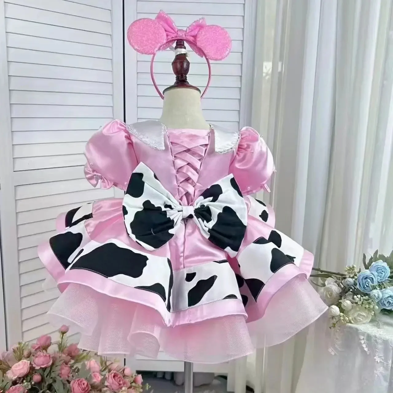 Custom Luxury Dress Wedding Guest Gown Puff Sleeve Satin Cow Print Ruffle Tulle Kids Costume For Luxury Birthday Party Pageant