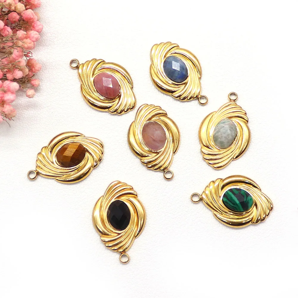 

1PC New Fashion Gold Color Natural Stone Pendant Inlaid Tiger Eye Stone Agate Charms for DIY Necklace Handmade Gift Accessories