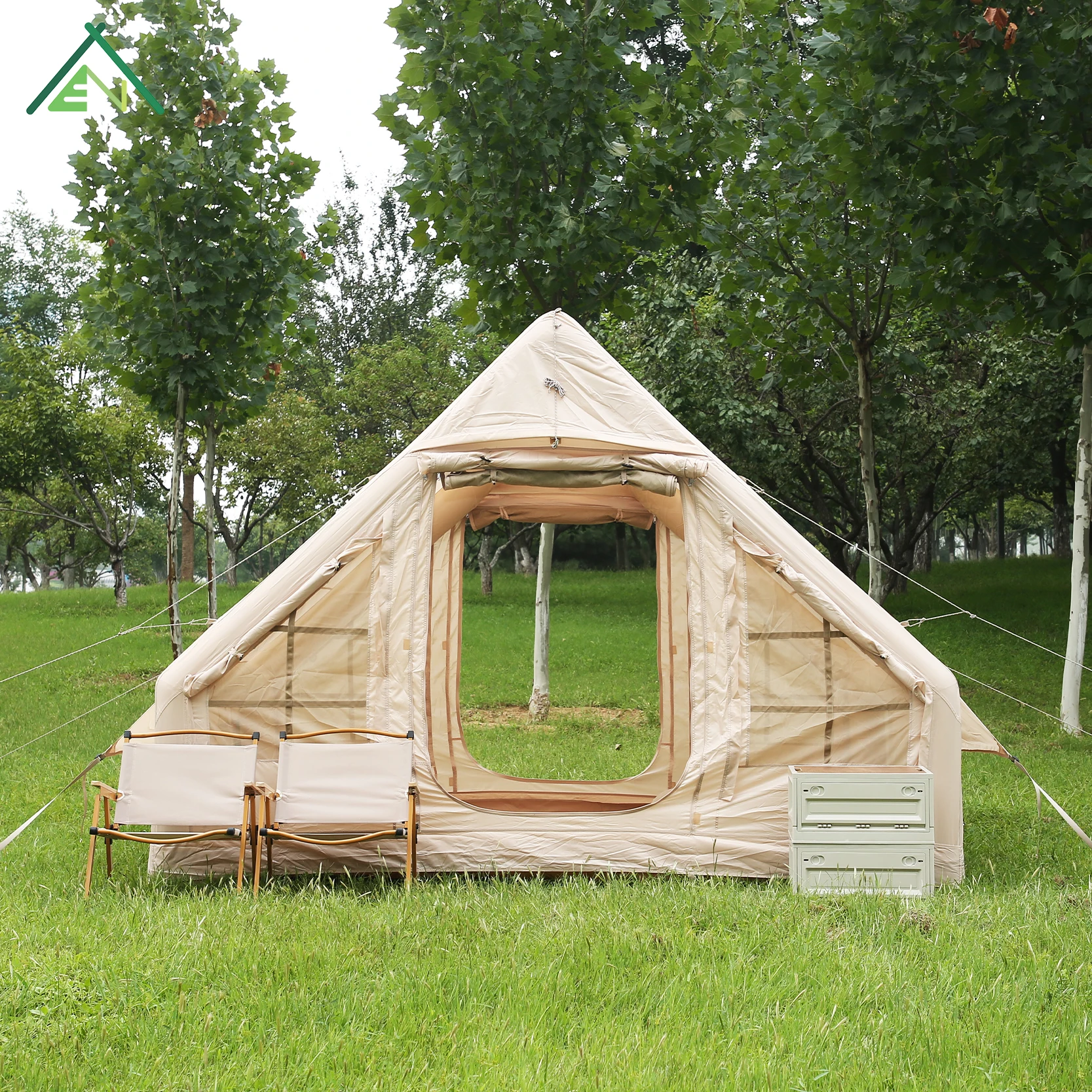 Beige 6.3sqm Waterproof Inflatable Camping Tent 300x210x200cm 420D Oxford Four-season Dual U-Shaped Doors Skylight Stove Jack
