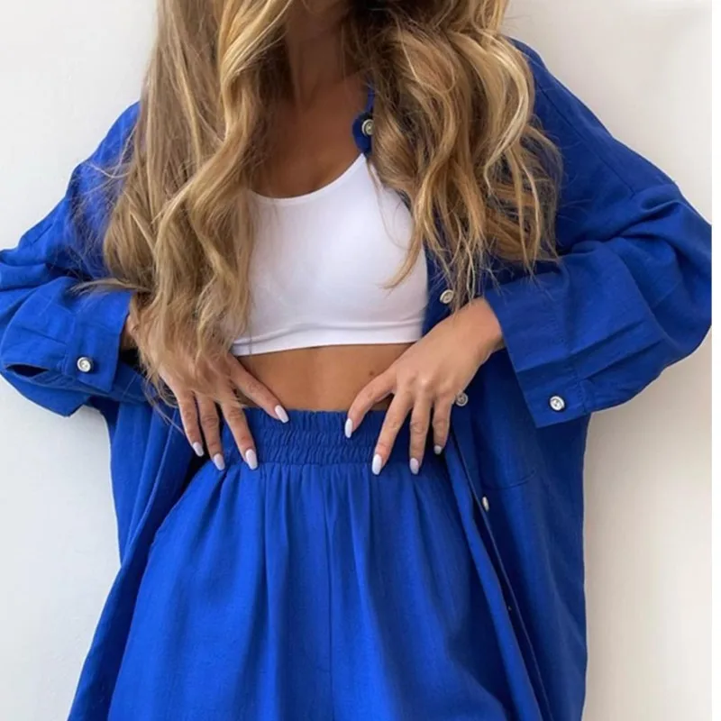 Solid Long Sleeve & Short Sets Shirts Two Piece Set Women Outfit 2024 Summer Blouse Shorts Sets For Women New In Matching Sets