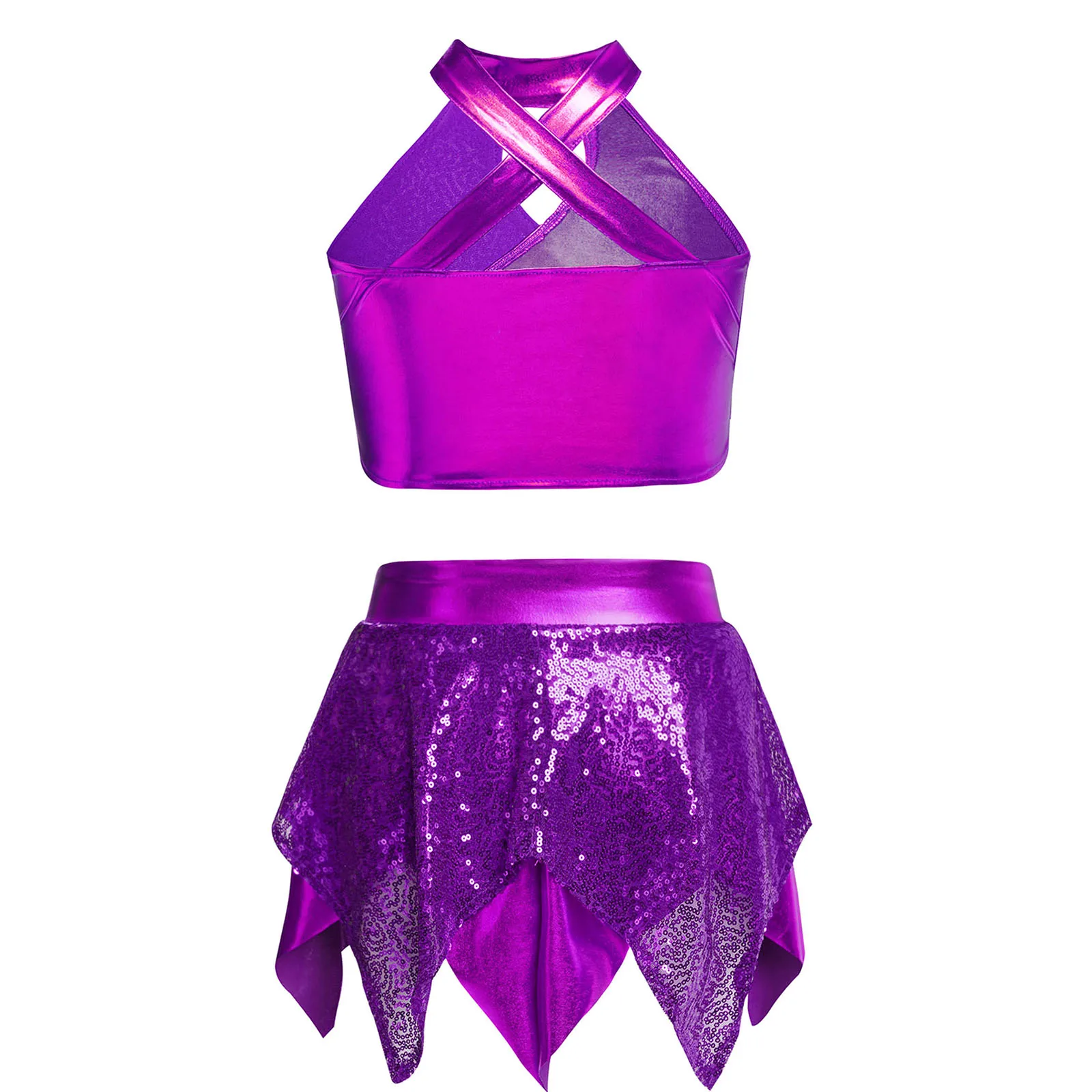 Glänzende Mädchen Rhythmische Gymnastik Jazz Dance Performance Kostüm Pailletten Crop Top Röcke Athletische Activewear Ballett Tanz Outfits – Detail 7