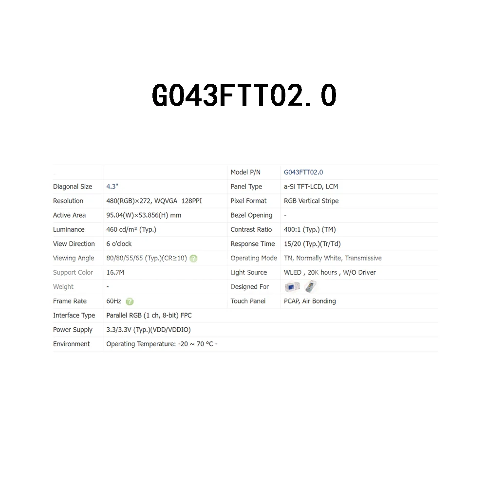 Fully Teste For industrial G043FTT02.0 4.3-Inch Sealed Highly clear LCD Display Screen