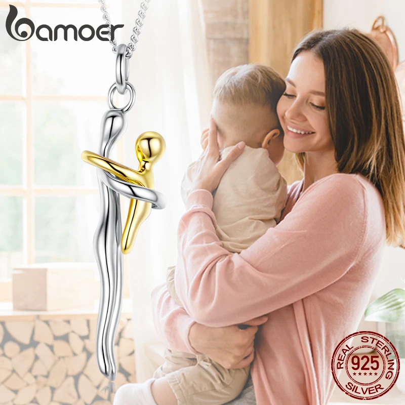 قلادة BAMOER من الفضة الإسترليني عيار 925 بلونين، قلادة قابلة للفصل للأم والطفل للعائلة مجوهرات الحب الخاصة ذاتية الصنع