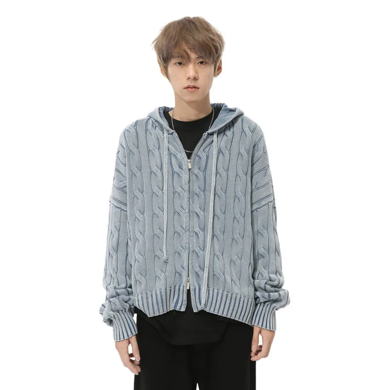 SYUHGFA Korean Style Men's Cardigan Hooded Solid Color Double Zipper Loose Hoodie Knitting Coat Casual Male Sweaters 2024 Autumn