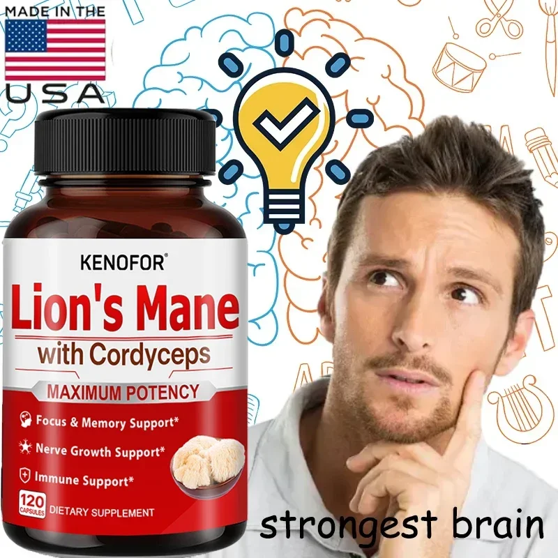 Kenofor Lion\'s Mane Cordyceps Extract Capsules - Immune Boost, Focus, Brain Booster and Nerve Growth Support Dietary Supplement