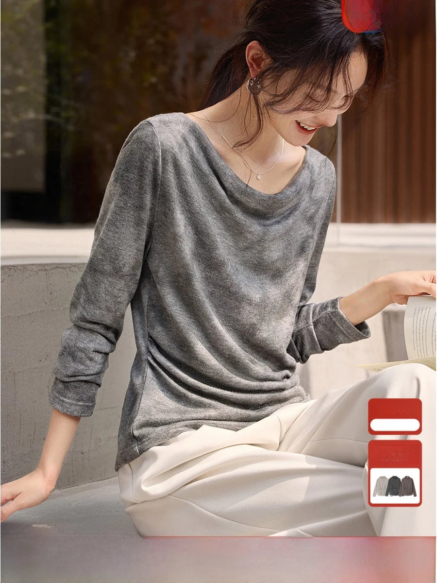 

Женская осенняя новинка: Простая футболка с длинным рукавом, романтичным воротником и эффектом похудения, модный повседневный стиль