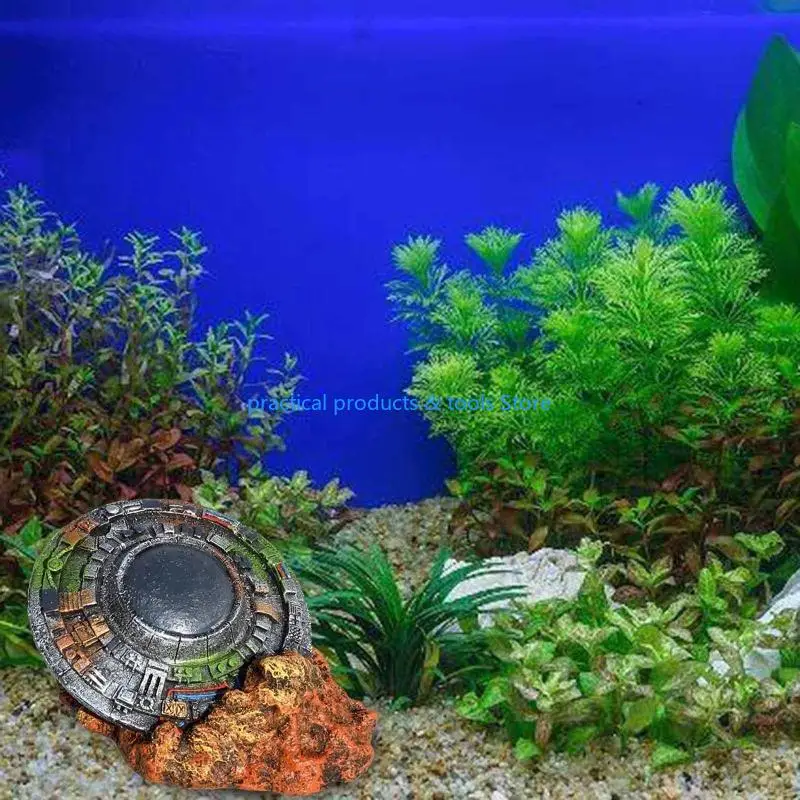 77JB Aquarium Sunken UFO Decorations Resin Spaceship Small Fish for Tank Ornaments