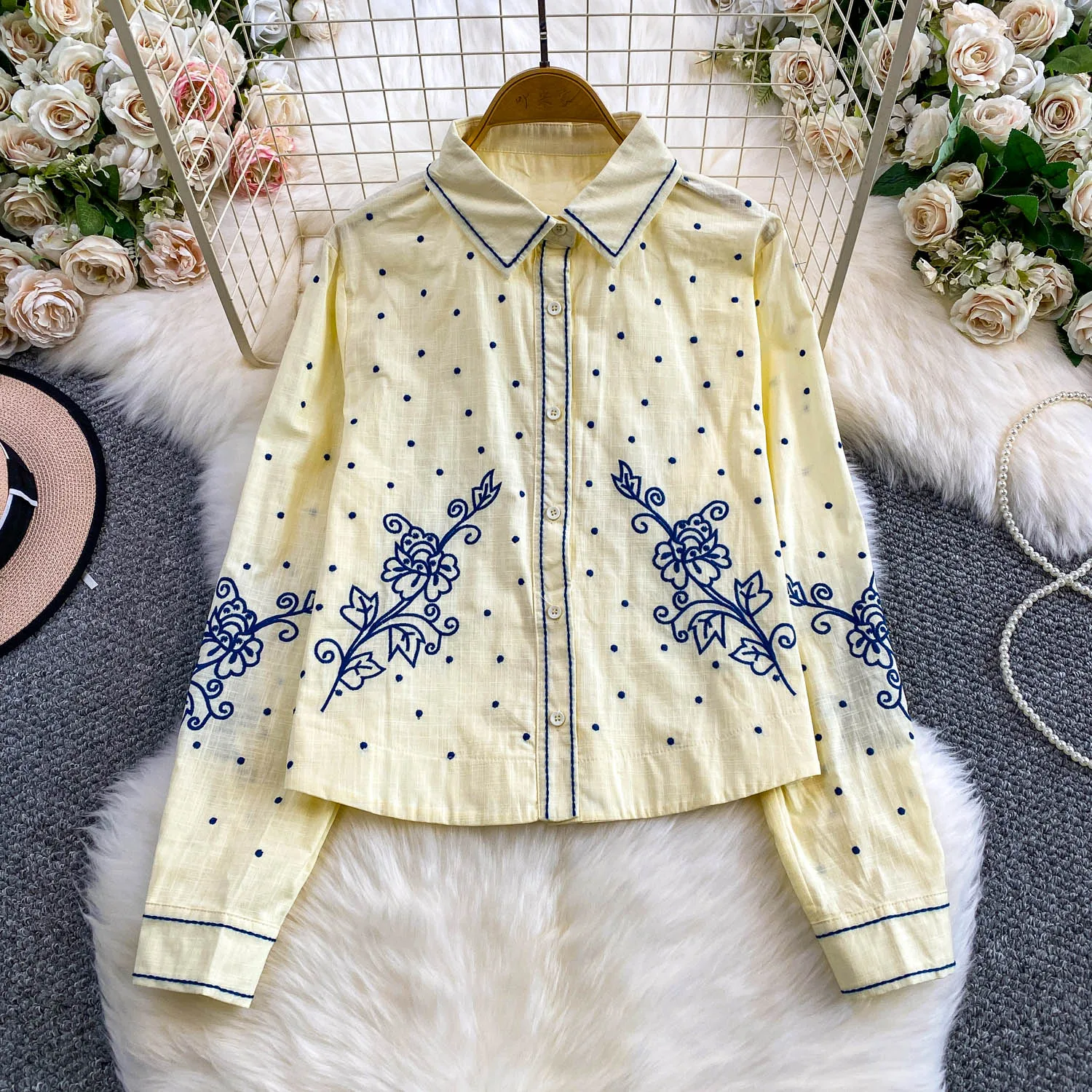 

Винтажная элегантная блузка с длинными рукавами и вышивкой на пуговицах, модная рубашка, повседневная женская рубашка феи