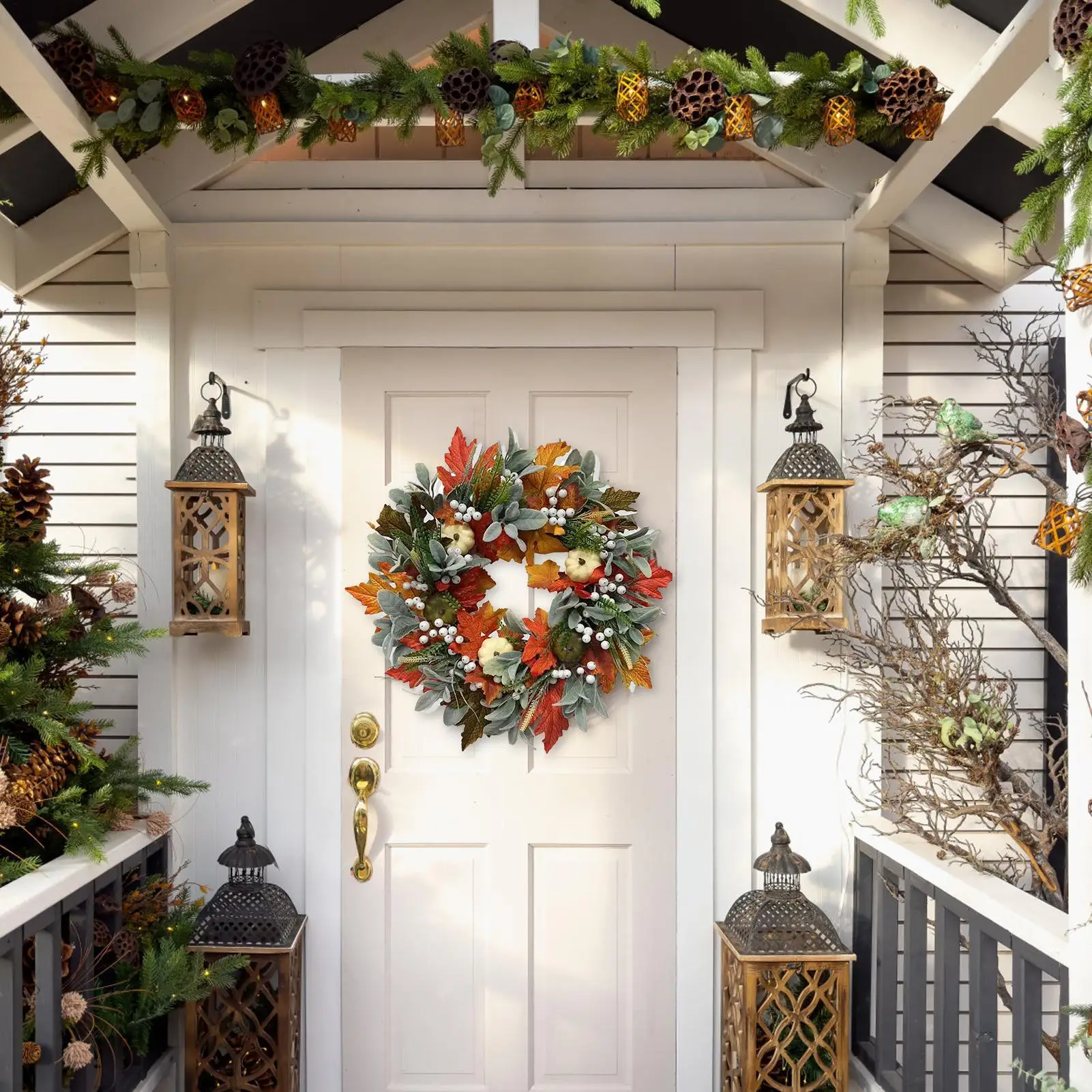 

Fall Wreath Harvest Season Decor Maple Leaves Pumpkin Fall Wreath for Thanksgiving Halloween Holiday Mantle Window Wedding Party