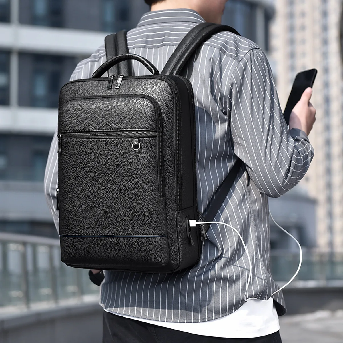 Mochila de pu, almacenamiento de computadora para hombres de gran capacidad, bolsa de viaje para desplazamientos de negocios, mochila multifuncional USB