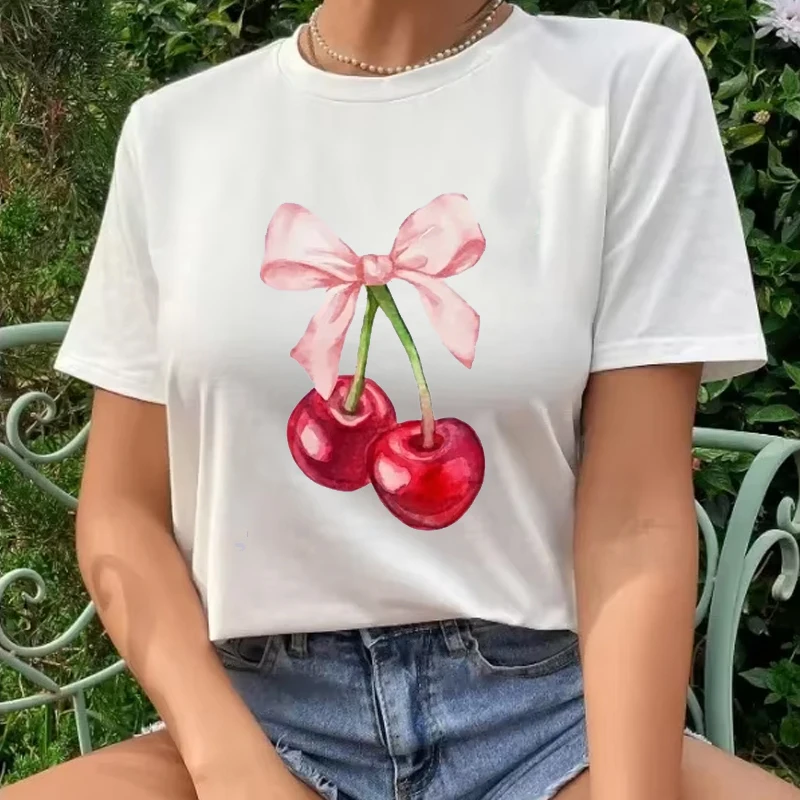 

Cherry Print Women's T Shirts Harajuku Round Neck Short Sleeve T-shirts Casual Top Fruit & Vegetable Tees Y2k Clothing Tops