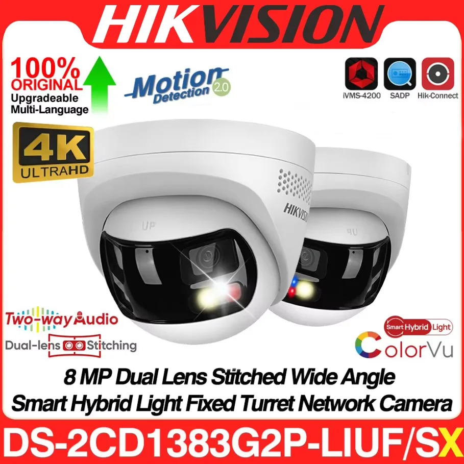 Hikvision DS-2CD1383G2P-LIUF/SL 8MP 4K Dual Lens Stitched 180° Wide Angle Smart Hybrid Light POE Network IP Camera MD 2.0 Audio