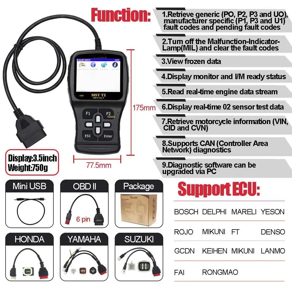 

MST-T2 OBD 2 Motorcycle Scanner Multi-Brand Fault Code Reader Engine ABS Motor Diagnostic Equipment High Quality Diagnostic Tool