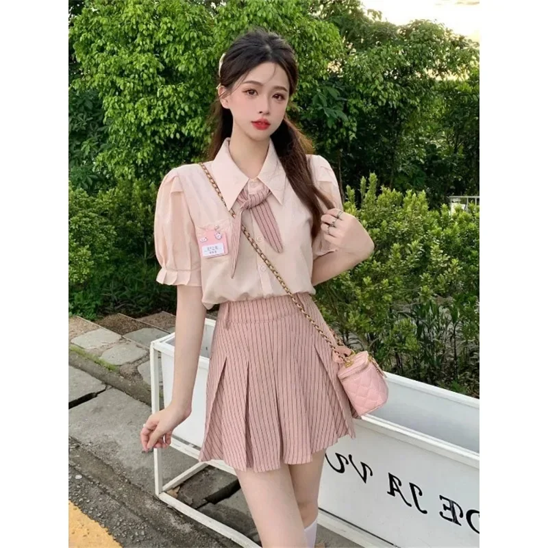 

Summer Fashion Pink Jk Uniform Puff Sleeve Shirt Pleated Skirt Tie for Women Sweet Korean Schoolgirl Uniform Sailor Uniform