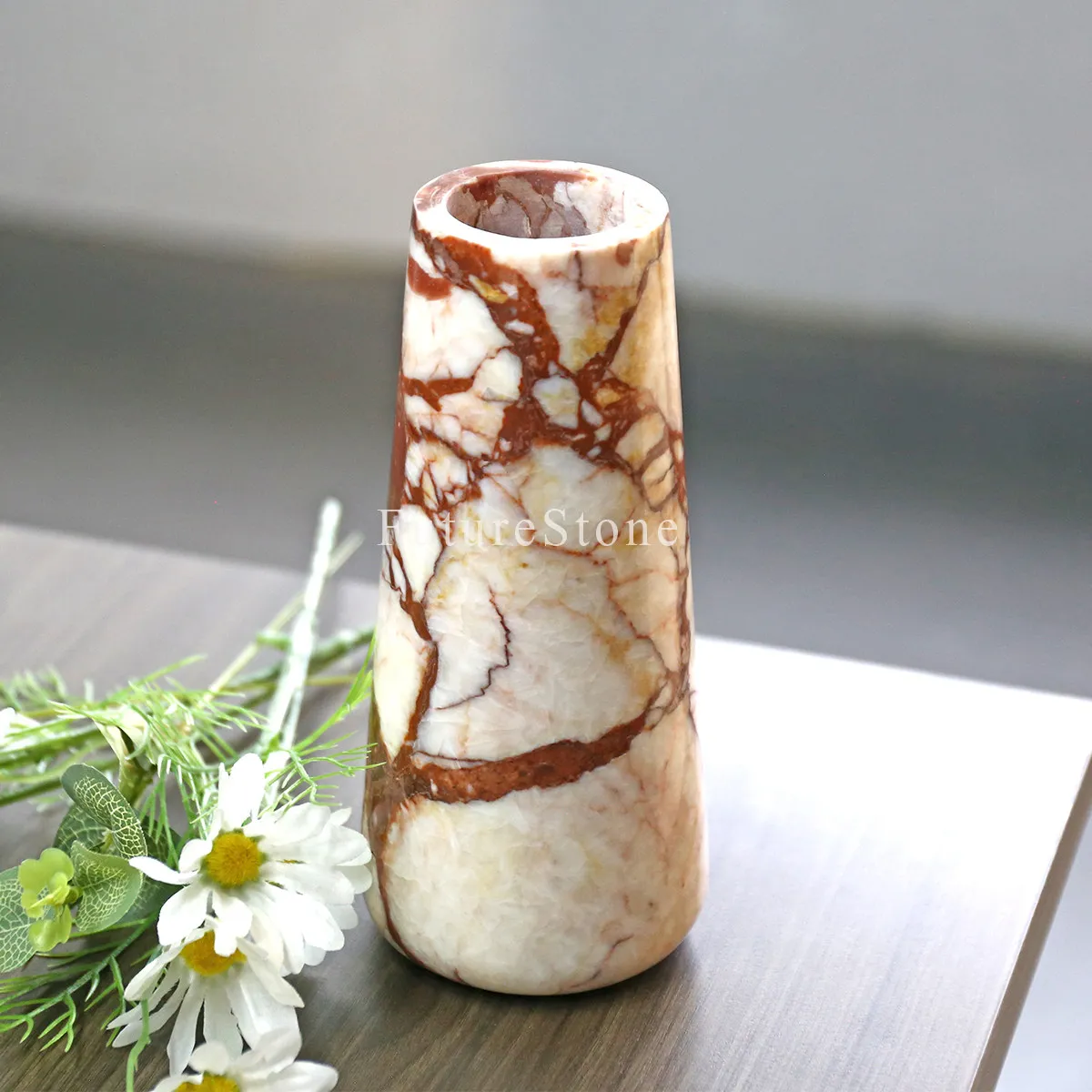 Handmade Beige Travertine Vase Natural Porous Stone Cone Shaped Decorative Vase for Interior Home Decoration