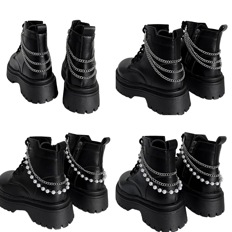 Multilayer Pearl Stainless Steel Chains Martin Boots Canvas Removable Shoes Chain Decoration Shoes Accessories Jewelry