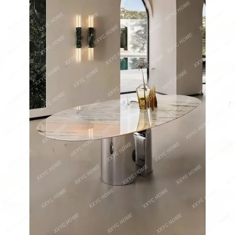 XX Natural smoke powder luxury stone dining table light luxury high-end restaurant marble custom oval