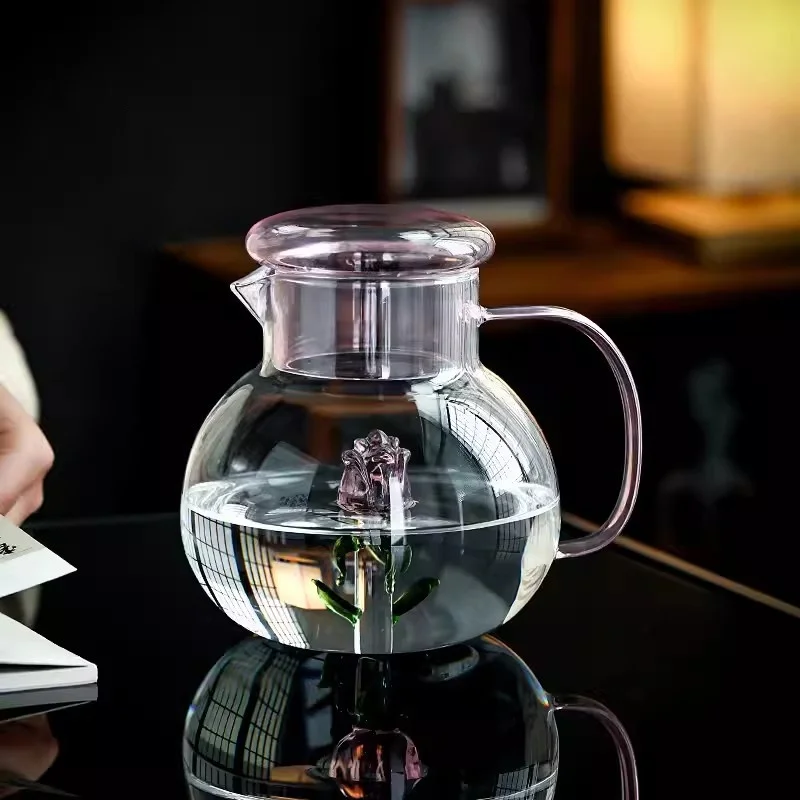 3D Cute Pot-bellied Cold Kettle Three-dimensional Creative Rose Farm Kettle Household High Borosilicate Glass Cool Kettle