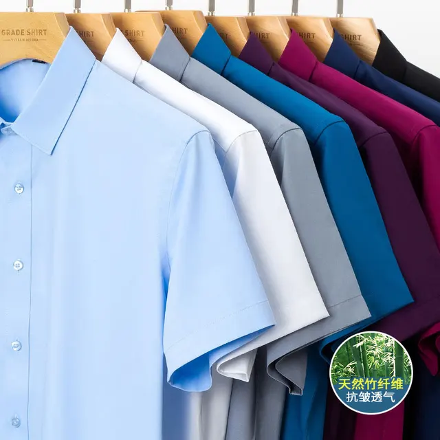 Koszula męska ze stretchem z włókna bambusowego moda na co dzień biznesowy top z krótkim rękawem przeciwzmarszczkowy bez żelaza jednokolorowa formalna koszula S-6XL