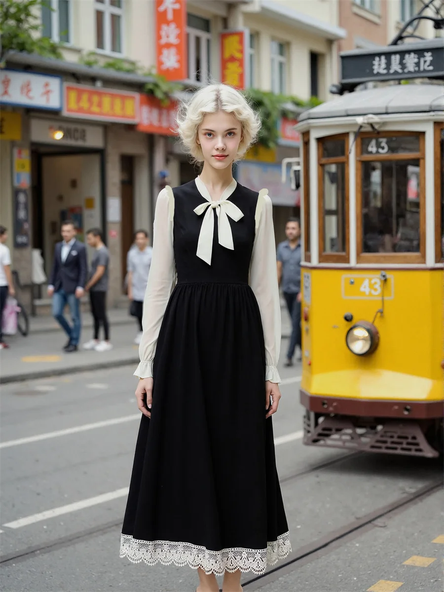 Vestidos de mujer negro Línea A Patchwork otoño primavera patrón una línea cintura imperio solapa hueca ropa de trabajo tela corsé elegante