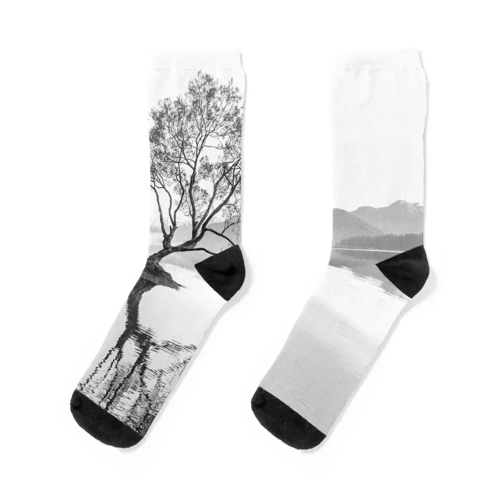 Black and White Landscape Wanaka Tree New Zealand Socks custom sports compression funny gift Socks For Girls Men's