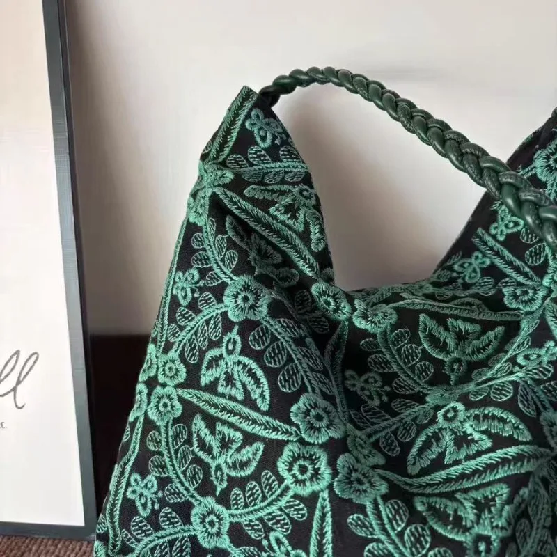 Тканая холщовая сумка с вышивкой Green Forest, большая вместительная оригинальная нишевая тканевая сумка ручной работы, универсальная простая большая сумка для женщин