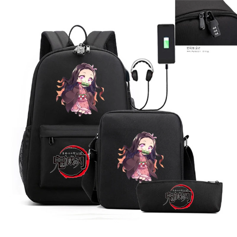 3 sztuki Demon Slayer Nezuko plecaki dla chłopców z USB plecak dla kobiet torba na ramię szkolna czarna mochila